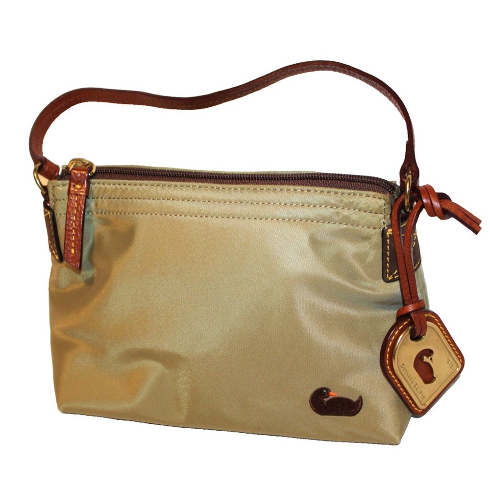 Dooney & Bourke Vtg Small Khaki Nylon & Leather Purse Brass Duck Logo Tag